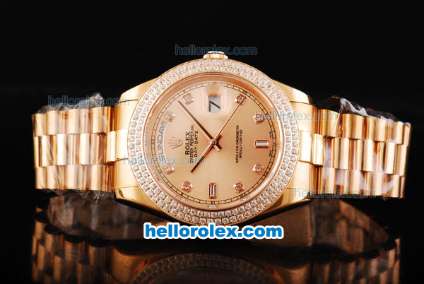 Rolex Day Date II Automatic Movement Full Rose Gold with Double Row Diamond Bezel-Diamond Markers and Rose Gold Dial - Click Image to Close